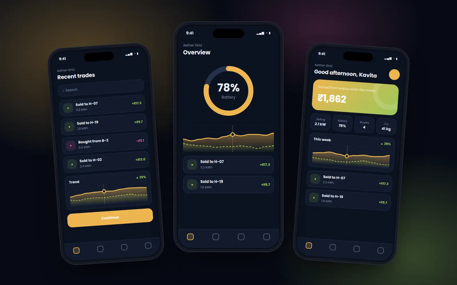 Aether Grid mobile app screens