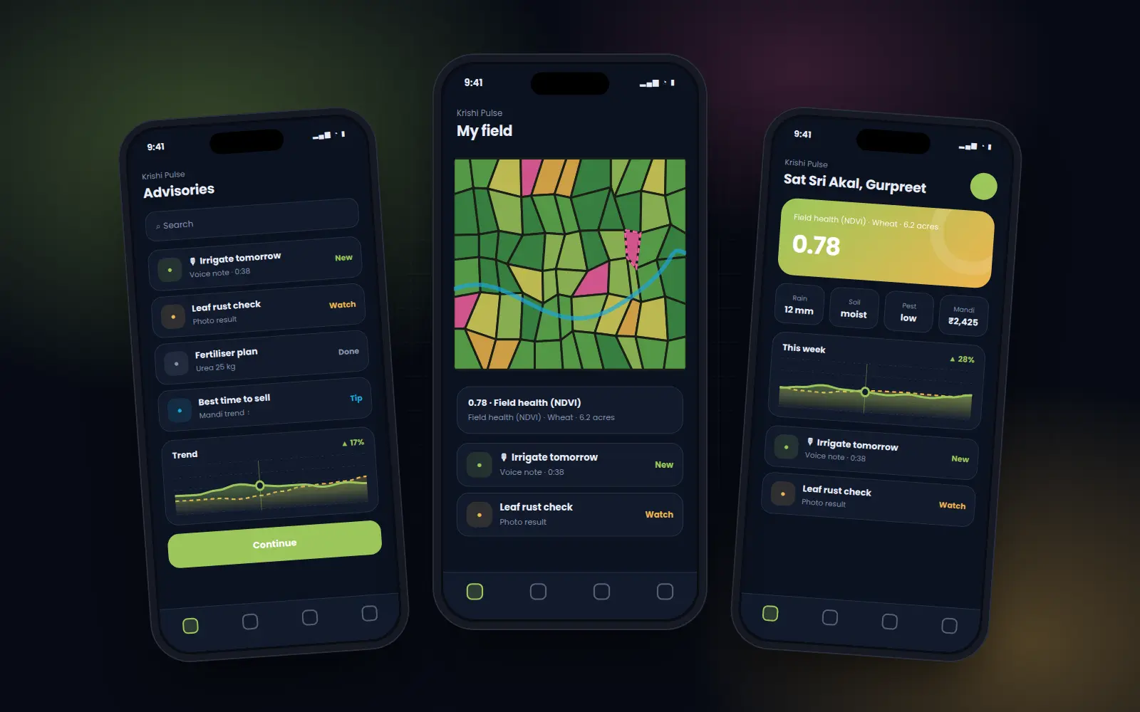 Krishi Pulse mobile app screens