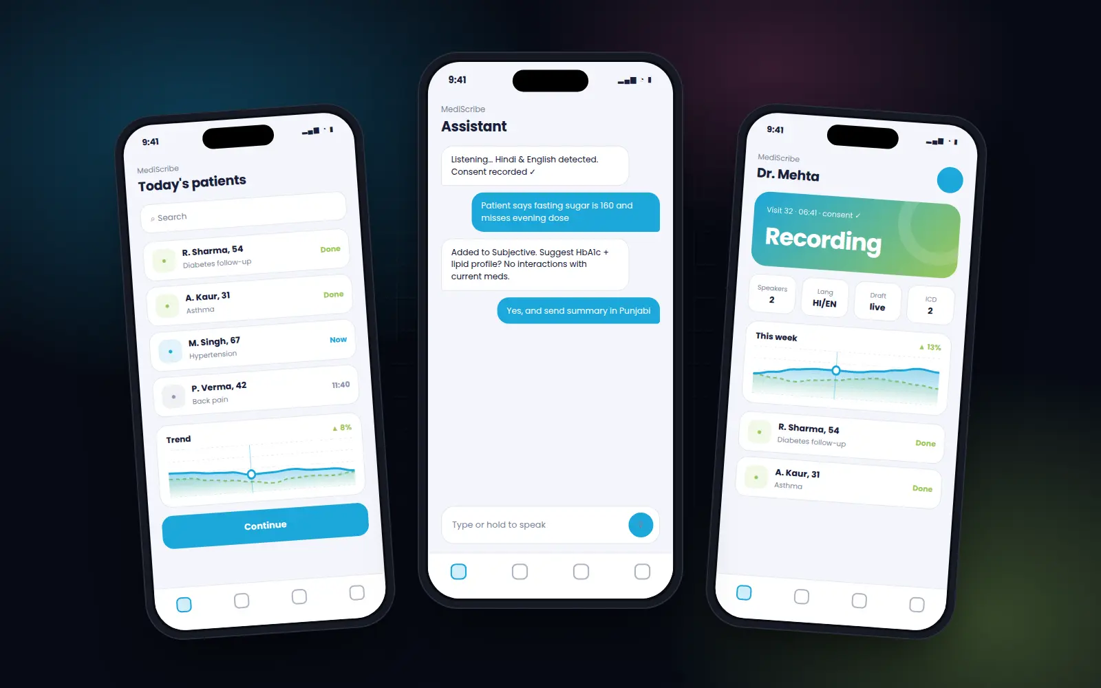 MediScribe mobile app screens