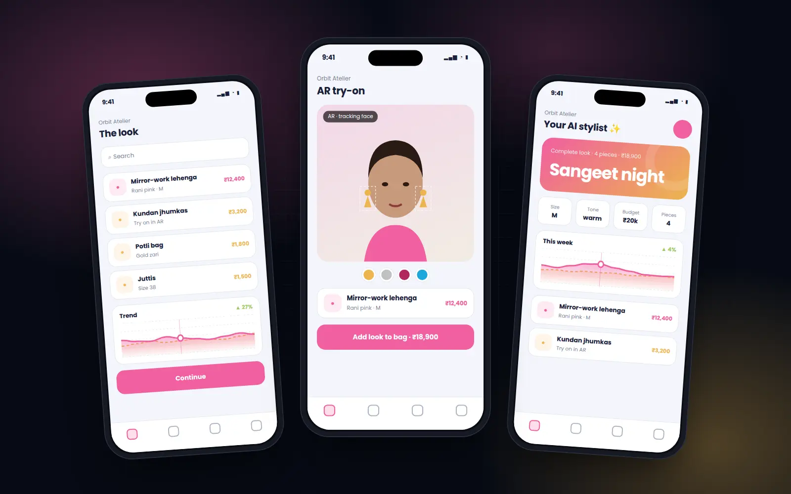 Orbit Atelier mobile app screens