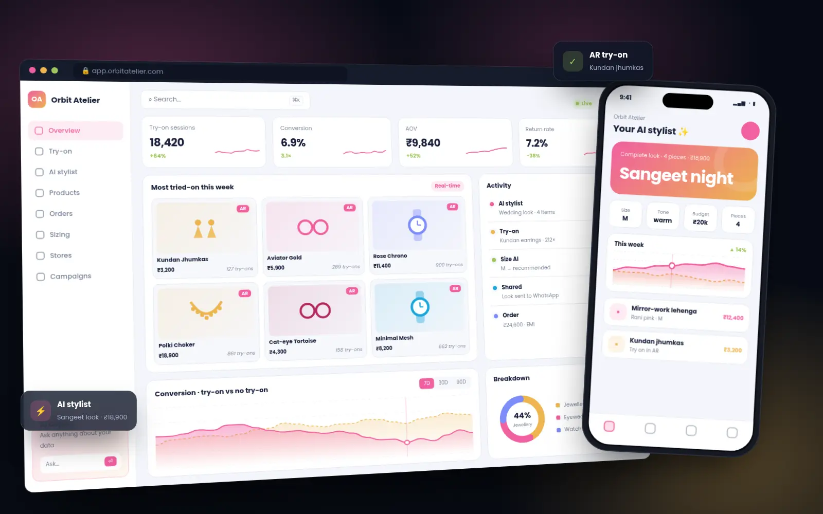 Orbit Atelier dashboard and mobile app